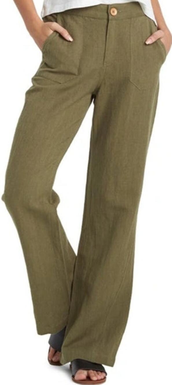 Roxy Oceanside Pants Linen Cotton Loose Straight Pockets Zip Viney Green M 30x32